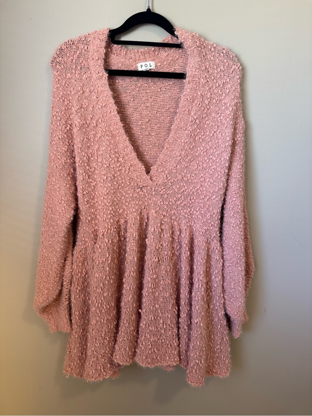 POL Women's Pink Dusty Rose Popcorn Knit V-Neck Babydoll Peplum Sweater Large